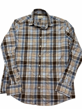 Bugatti Soft Wash Blue Brown Plaid Button Up Shirt Men Size Large 100% Cotton